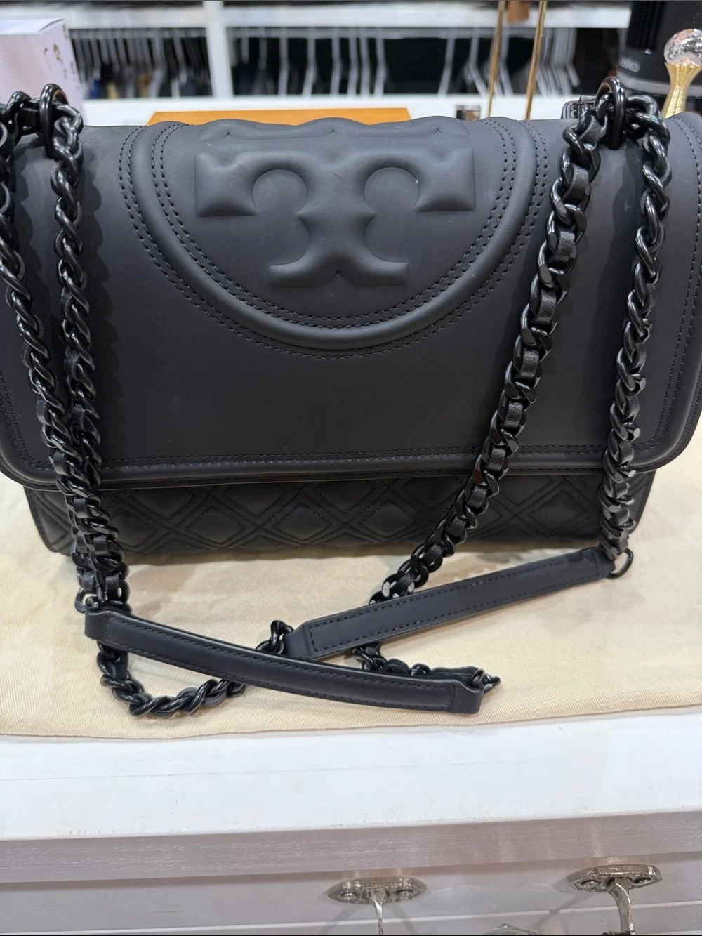Authentic Tory Burch Matte Black Quilted Chain Shoulder Bag